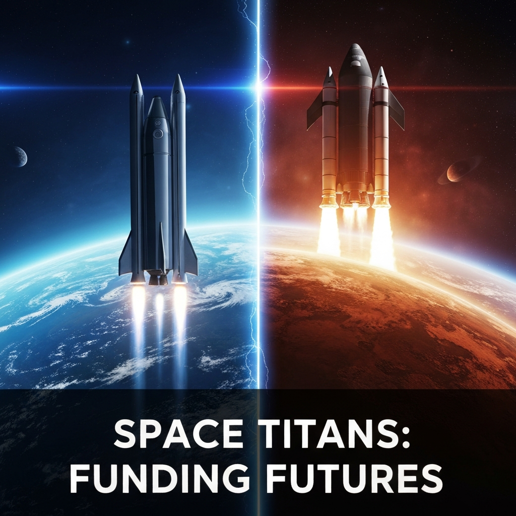 A high-contrast image showing two distinct space rockets: a sleek Blue Origin rocket ascending from Earth on one side, and a bold SpaceX Starship launching towards Mars on the other, symbolizing the contrasting investment strategies of Jeff Bezos and Elon Musk in the space industry. The headline 'Space Titans: Funding Futures' is overlaid.