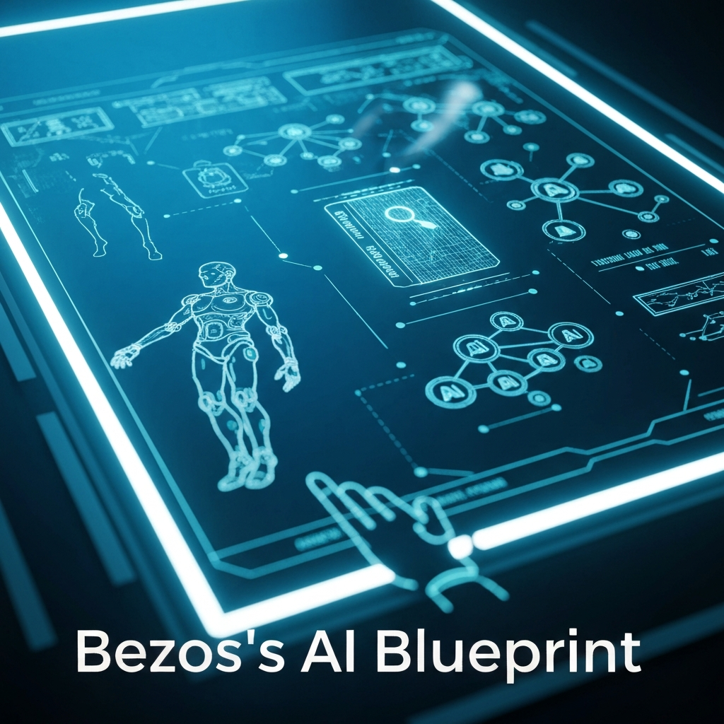A conceptual digital blueprint showing interconnected elements of AI, including a humanoid robot outline and a glowing search interface, with a strategic hand hovering over it. The image represents Bezos's AI Blueprint, highlighting his investments in humanoid robots and AI search.