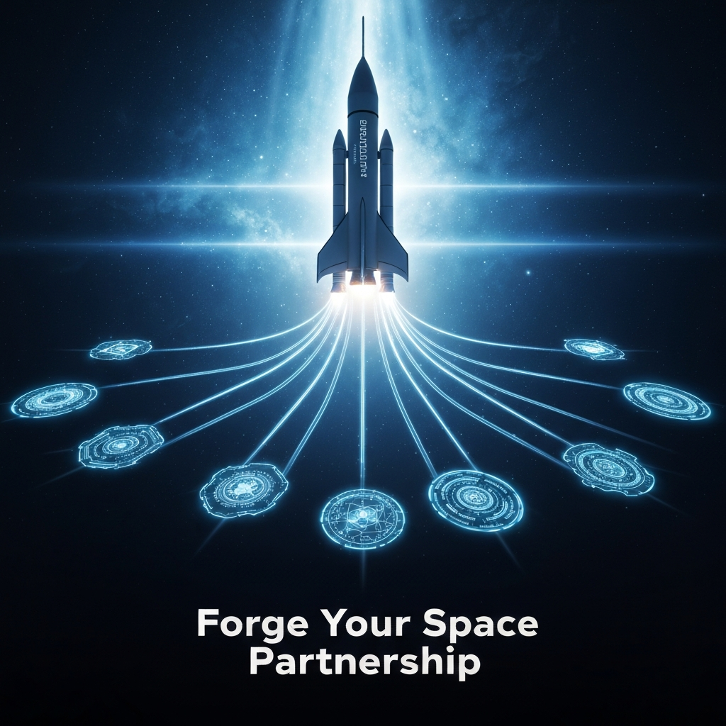 A futuristic image showing Blue Origin's New Glenn rocket with glowing pathways connecting to various startup innovations, illustrating collaboration opportunities beyond funding.